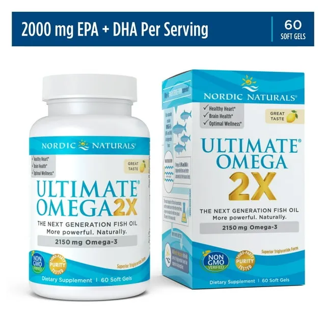 Nordic Naturals Ultimate Omega 2X, Lemon Flavor - 60 Soft Gels - 2150 mg Omega-3 - High-Potency Omega-3 Fish Oil with EPA & DHA - Promotes Brain & Heart Health - Non-GMO - 30 Servings