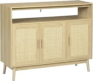 HOMCOM Kitchen Sideboard with 2 Cabinets, Boho Buffet Cabinet with 3 Rattan Decorated Doors and Adjustable Shelf, Coffee Bar Cabinet for Living Room, Hallway, Natural