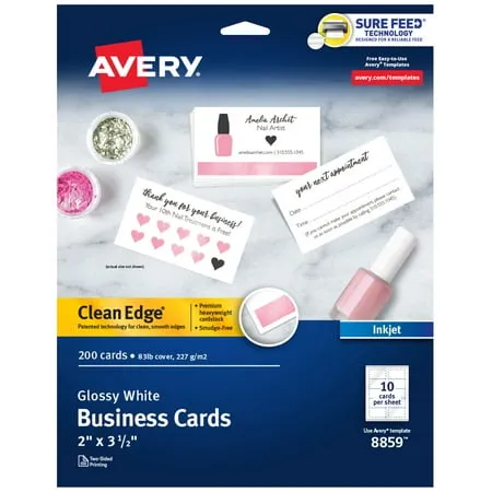 Avery Clean Edge Business Cards, Inkjet, 2 x 3 1/2, Glossy White, 200/Pack