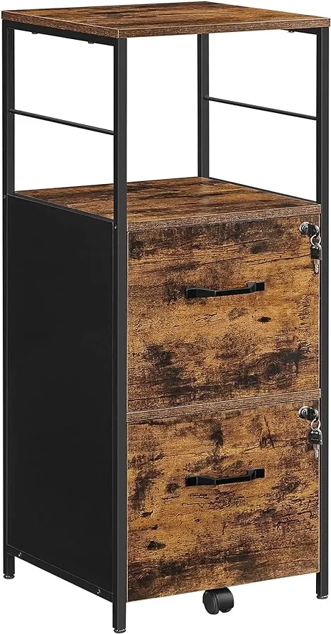 VASAGLE Filing Cabinet for Home Office, File Cabinet with 2 Drawers, Open Shelf, Steel Frame, for A4 and Letter Sized Files, Printer Stand, Industrial, Rustic Brown and Black OFC045B01