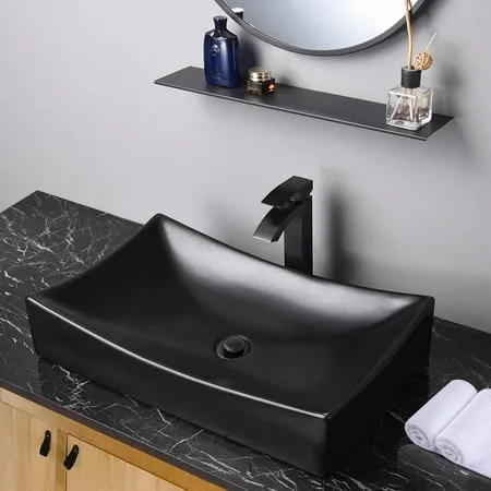 Aquaterior 26"x15" Rectangle Bathroom Vessel Sink and Pop up Drain Combo Above Counter Porcelain Ceramic Vanity Basin Black