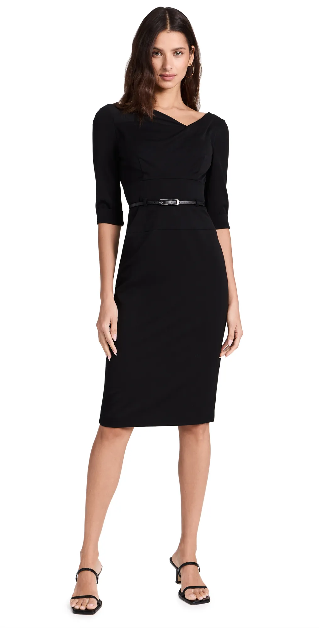 Black Halo Women's Belted Drape Neck Sheath Dress