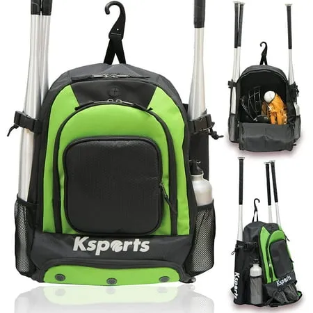 Ksports Baseball Bag Green Backpack for Baseball, T-ball & Softball Equipment & Gear for Youth and Adults - Holds Bats, Helmet, Gloves, Gear - Shoe