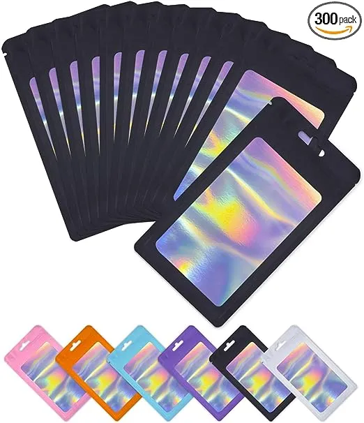 Holographic Resealable Bags 300 PCS Reusable Packaging Bags for Food Storage Jewelry Supplies Small Business (Outer Size 3.54x6.29 Inch/Inner Size 3x5 Inch)