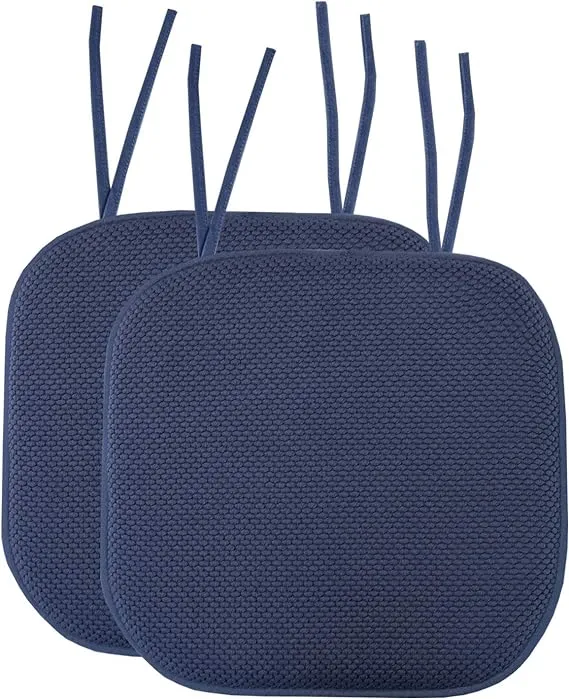 Sweet Home Collection Chair Cushion Memory Foam Pads with Ties Honeycomb Pattern Slip Non Skid Rubber Back Rounded Square 16" x 16" Seat Cover, 2 Pack, Navy