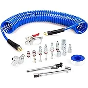 1/4 inch x 25 ft Recoil Poly Air Hose Kit, 20 Pieces Air Compressor Accessories Set, 1/4" NPT Quick Connect Air Fittings, Blow Gun, Chuck, Safety and Tapered Nozzles, Couplings