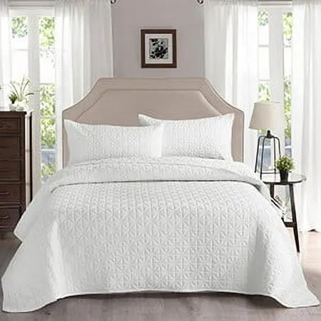 Exclusivo Mezcla Queen Quilt Bedding Set, Lightweight Soft White Queen Bedspreads Coverlets with Geometric Stitched Pattern