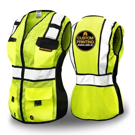 KwikSafety (Charlotte NC) RoadBOSS Economy Safety Vest for Women (Solid Reflective Tape) 10 Pockets Class 2 Custom High Visibility ANSI OSHA Reflective Construction Work Zipper | Yellow Large