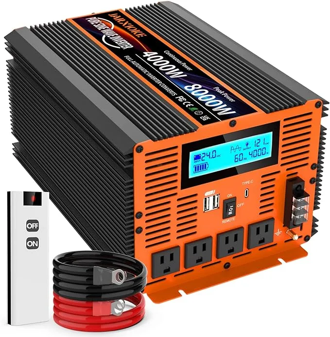 4000 Watt Pure Sine Wave Power Inverter 24V DC to 110V 120V Converter for Family RV Off Grid Solar System Car with Type-C Ports 4 AC Power Outlets Dual USB Ports LCD Display and Remote Control