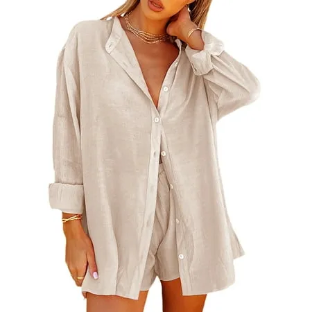 Flygo Womens Casual 2 Piece Outfits Cotton Linen Sets Button Down Shirt Shorts Resort Wear 2024 Pajama Beach Set