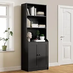 Cozy Castle 75 Inch Tall Bookcase with Doors, Modern Floor Standing 5-Tier Bookshelf with Storage Cabinet and Adjustable Shelves for Living Room, Office, Bedroom 27.6" W x 15.7" D x 75.6" H, Oak