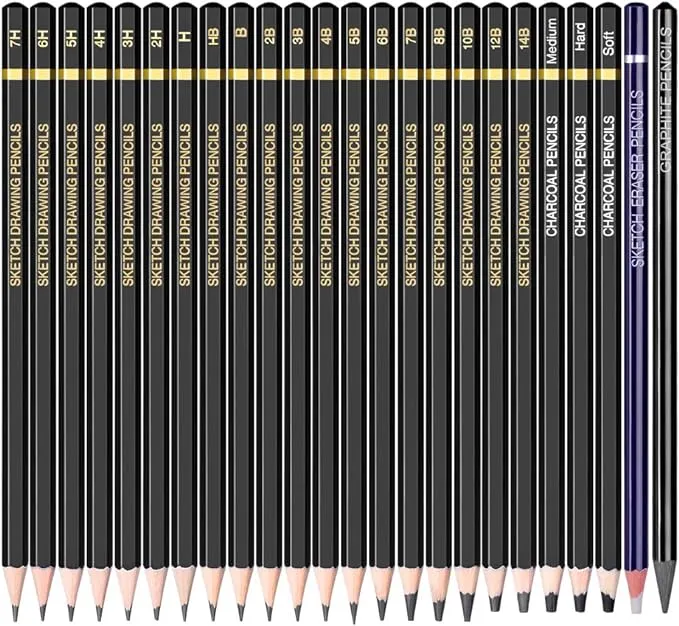 Sketching Pencil Set - 24 Pieces Drawing Sketch Pencil HB,B,2B,3B,4B,5B,6B,7B,8B,10B,12B,14B,H,2H,3H,4H,5H,6H,7H, Includes Charcoal, Eraser, Graphite Pencils for Beginners & Pro Artists