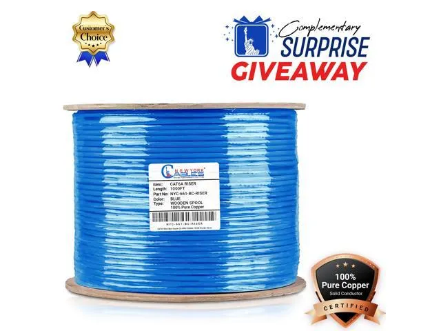 NewYork Cables Cat6a Riser Bulk Ethernet Cable 1000ft CMR Rated Spool Certified 100% Pure Solid Bare Copper 750MHz, 23AWG, UTP 10 Gigabit.