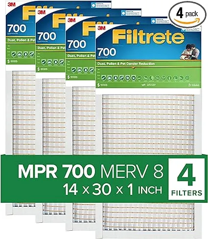 Filtrete 14x30x1 Air Filter, MPR 700, MERV 8, Clean Living Dust, Pollen and Pet Dander Reduction 3-Month Pleated 1-Inch Air Filters, 4 Filters