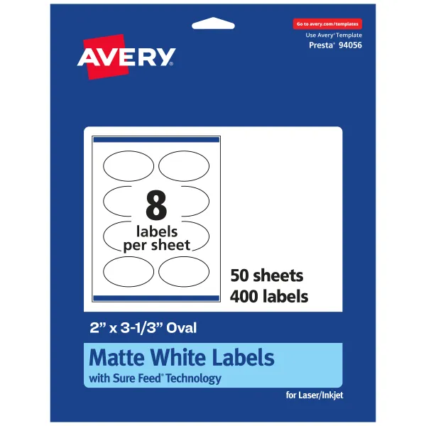 Avery® Matte Labels With Sure Feed, 94056-WMP50, Oval, 2" x 3-1/3", White, Pack Of 400 Labels