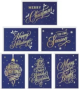 Hallmark Boxed Christmas Cards Assortment, Blue and Gold Holidays (6 Designs, 72 Cards with Envelopes)