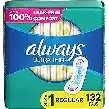 Always Ultra Thin, Feminine Pads For Women, Size 1 Regular Absorbency, Without Wings, Unscented, 44 Count x 3 (132 Count Total)