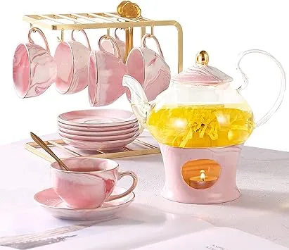 DUJUST 21 pcs Small Tea pot Set of 6, Fine Porcelain, Pink Marble Texture with Handcraft Golden Trim for Girls&Women, 1 Glass Teapot(22oz), 6 Cups(4oz), 6 Saucers, 6 Spoons, 1 Shelf&1 Warmer…