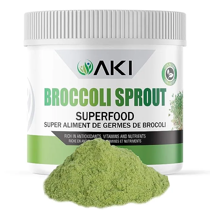 AKI Broccoli Sprout Powder - Ideal in Vitamins & Sulforaphane - Superfood for Green Veggie Smoothie Beverage or Meal - Non GMO (5.29 oz / 150g)