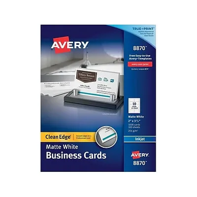 Avery True Print Clean Edge Business Cards, Inkjet, 2 x 3 1/2, White, 1000/Box