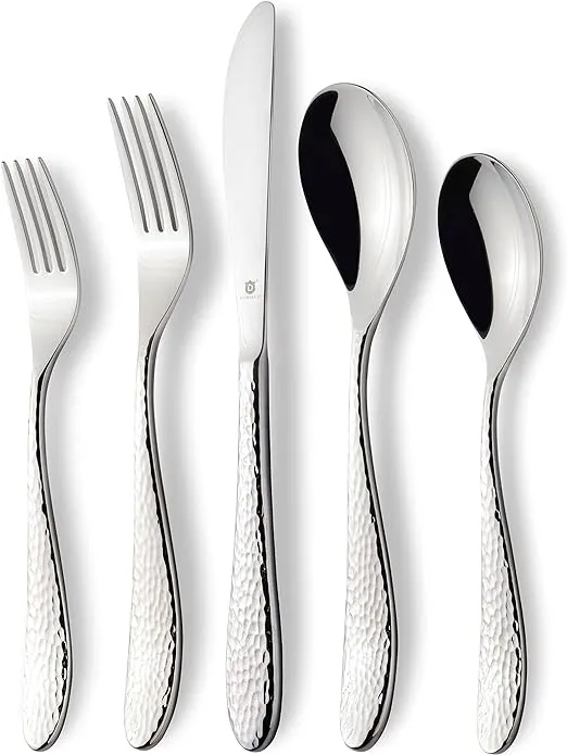 DANIALLI 40 Piece Silverware Set For 8, 18 10 Stainless Steel Silverware Set, Modern Marettimo Hammered Flatware Set, Includes Dinner Knife/Fork/Spoon, Teaspoon & Salad Fork, Dishwasher Safe Cutlery