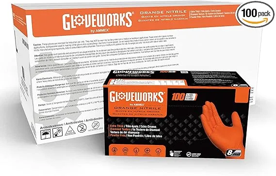 GLOVEWORKS HD Orange Nitrile Industrial Disposable Gloves, 8 Mil, Latex-Free, Raised Diamond Texture, X-Large, Box of 100