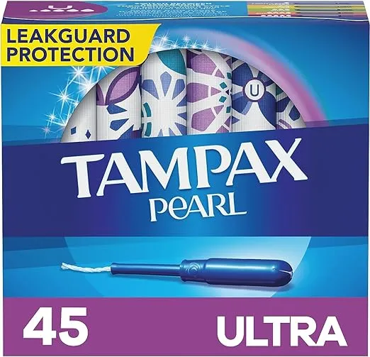 Tampax Pearl Tampons, with LeakGuard Braid, Ultra Absorbency, Unscented, 45 Count