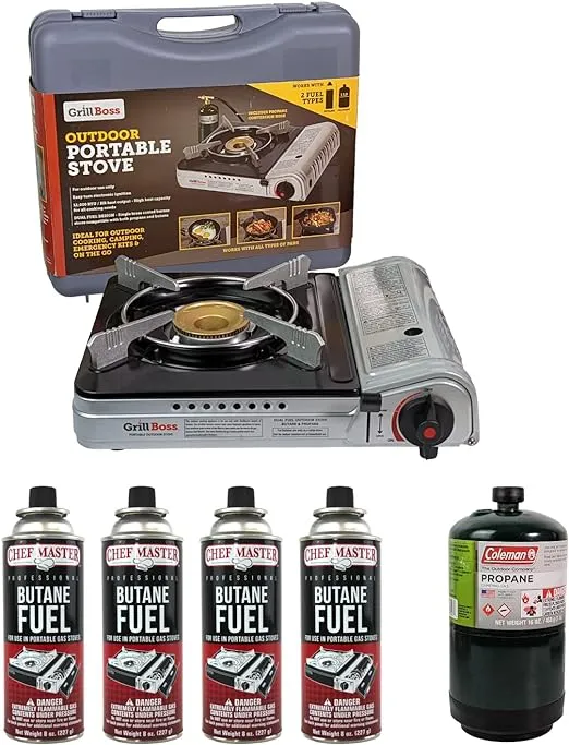 Grill Boss Dual Fuel Camp Stove Combination Pack | Includes 4 x 8 oz. Tins Fuel | Stove Works with Butane or Propane | P