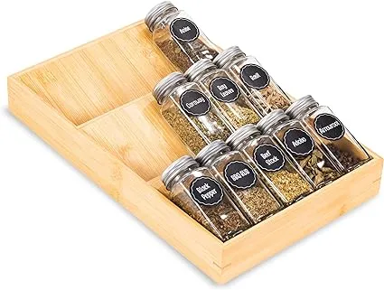 Bamboo Spice Rack Organizer for Drawer 3 Tier Bamboo Spice Tray Cabinet for Kitchen Storage and Organizer (1 Pack, Drawer)