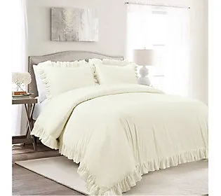 Lush Decor Reyna 3-Piece Ruffled Cotton Duvet Cover Bedding Set, Full/Queen, White