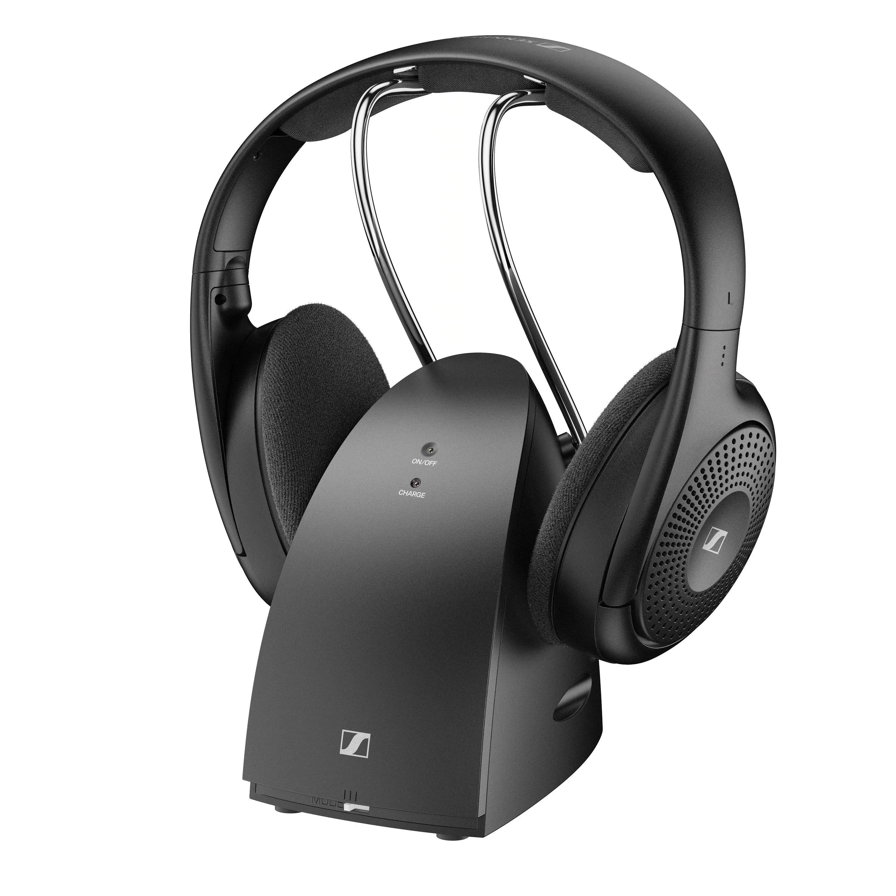 Sennheiser RS 120-W On-Ear Wireless Headphones for Crystal-Clear TV Listening with 3 Sound Modes, Lightweight Design, Easy Volume Control, 60 m Range and Convenient Transmitter/Charger Combo - Black