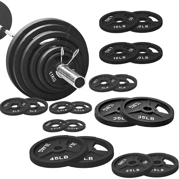 Signature Fitness Cast Iron Olympic 2-Inch Weight Plates Including 7ft Olympic ...