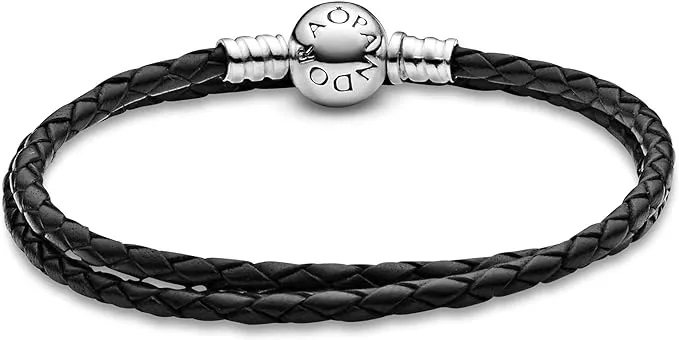 PANDORA Jewelry Black Leather Charm Sterling Silver Bracelet