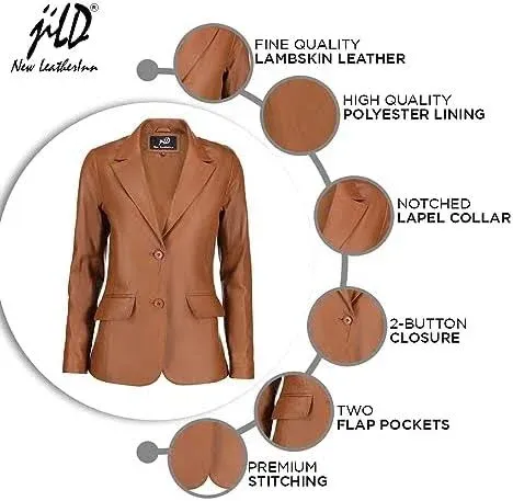 Jild Classic 2-Button Lambskin Leather Blazer Women - Casual Coat Long Sleeves Suit Style Leather Jacket Women