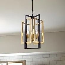 TOCHIC Black-Gold Metal Farmhouse Chandelier, 4 Light Geometric Cage Chandelier Candle Pandent Light for Hallway Entryway Living Room Kitchen Island Foyer Bar