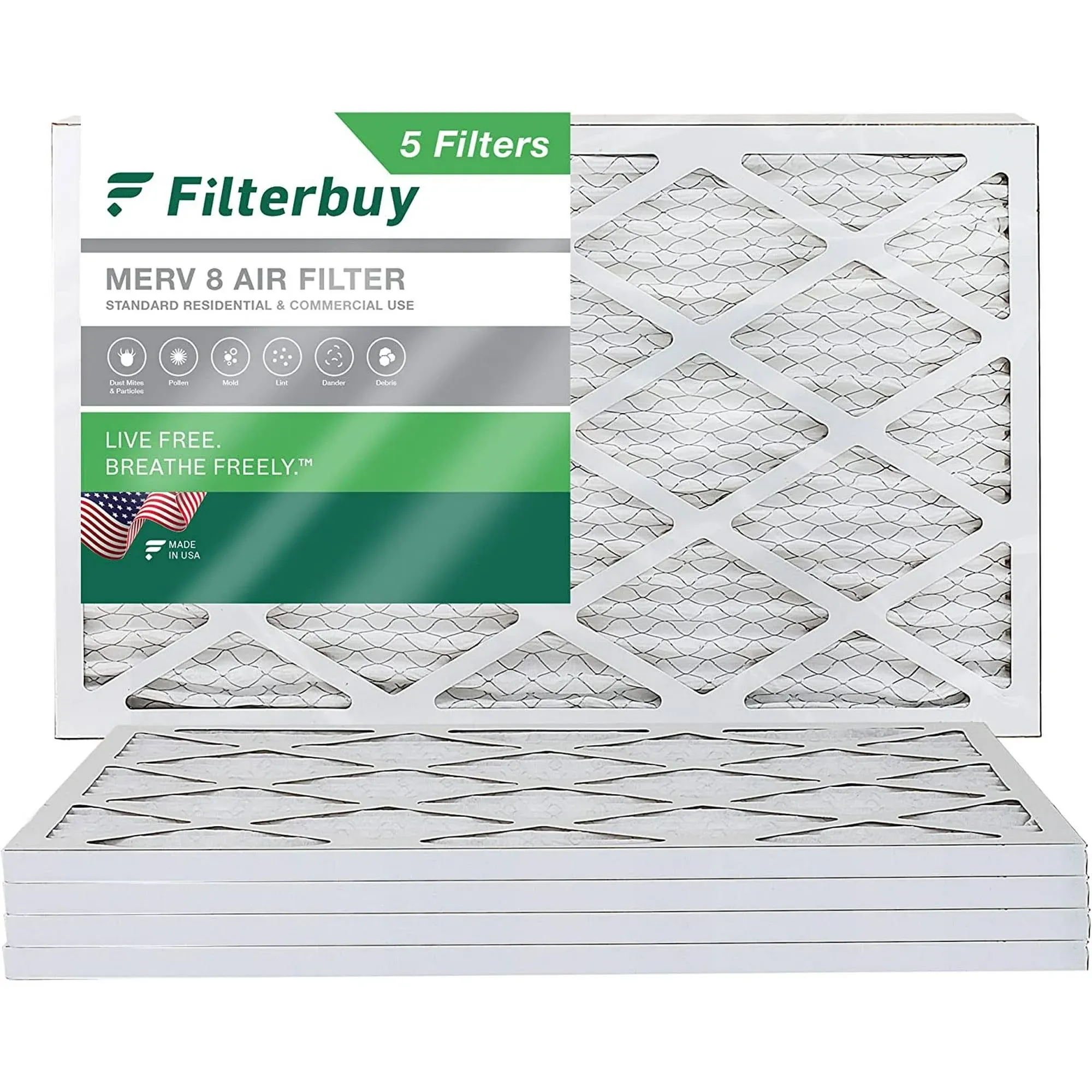 Filterbuy 14x20x1 Air Filter MERV 8 Odor Eliminator 2-Pack, Pleated HVAC AC Furnace Filters