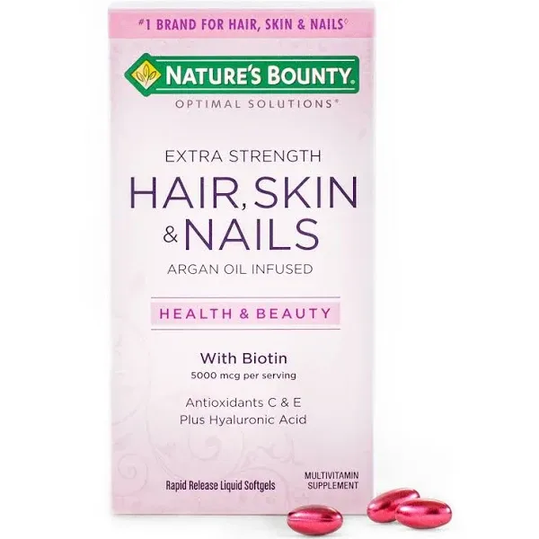 Nature's Bounty Hair, Skin & Nails Rapid Release Softgels, Argan-Infused Vitamin Supplement with Biotin and Hyaluronic Acid, Supports Hair, Skin, and Nail Health for Women, 150 Count