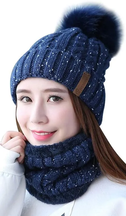 IYEBRAO Womens Winter Knit Beanie Hat and Scarf Set Girls Cute Navy Blue 