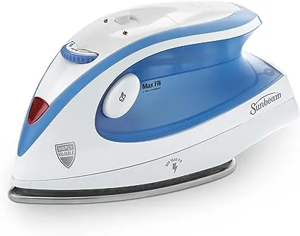 Sunbeam Hot-2-Trot Travel Steam Iron, 800 Watt Dual Voltage 120/240, Compact Size, Portable, Non-Stick Soleplate, Soft Touch Handle, Horizontal or Vertical Use, White and Blue