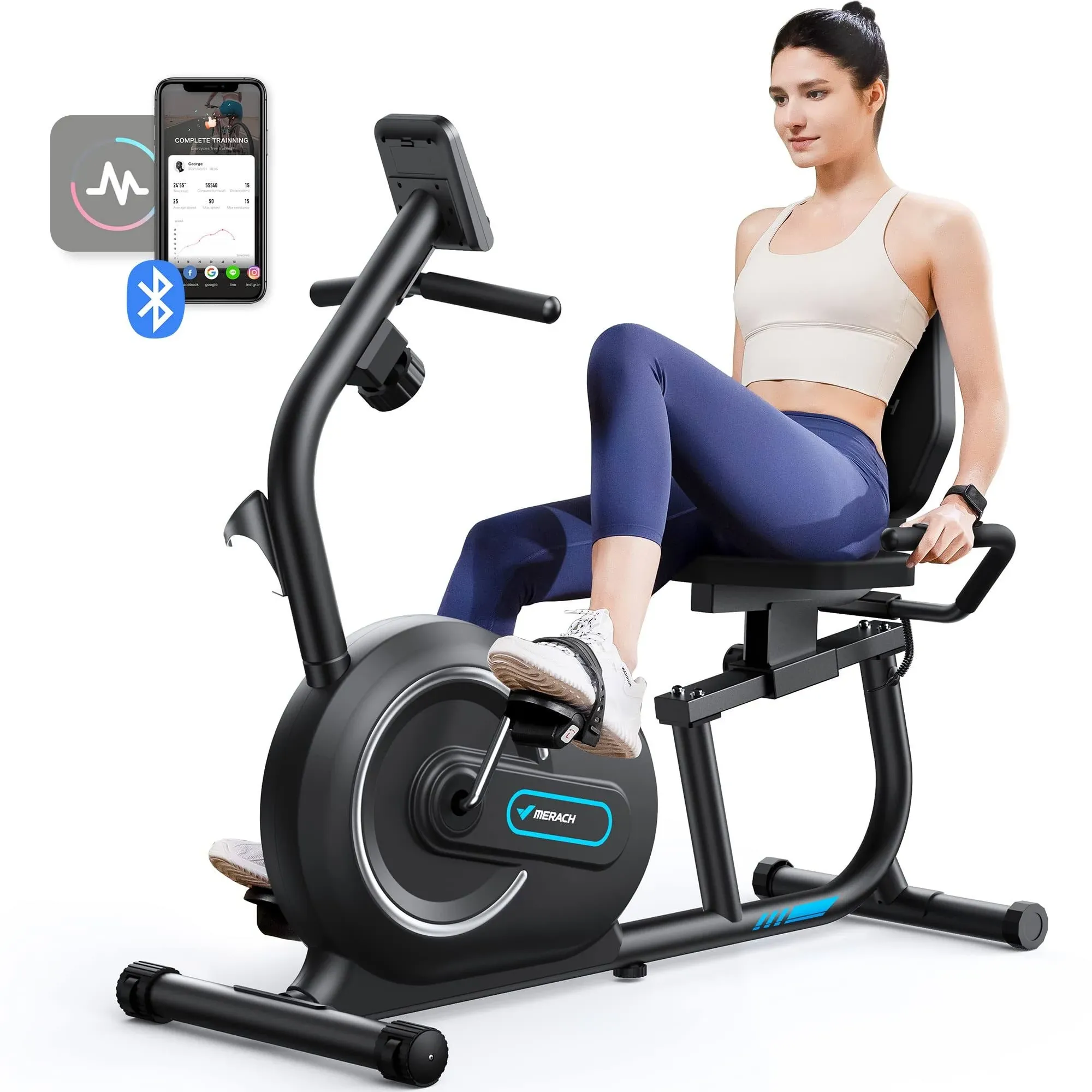 MERACH Recumbent Exercise Bike for Home with Smart Bluetooth and Exclusive App Connectivity, LCD, Heart Rate Handle, Magnetic Recumbent Bikes S08/S19