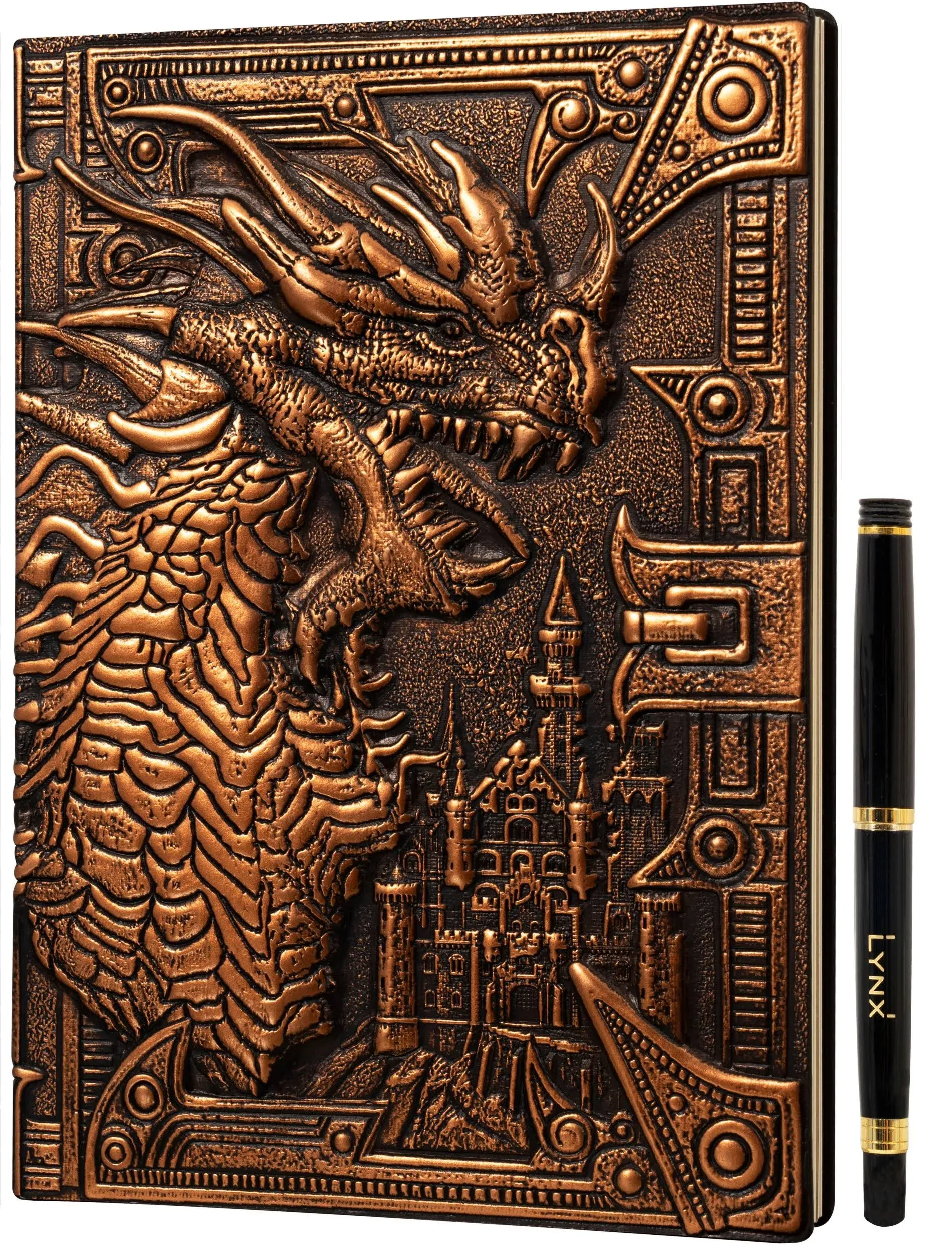 DND Notebook / Journal, Unique 200 Page Book with 3D Bronze Dragon Embossed Faux Leather Cover with Pen- Ideal for Dungeons & Dragons / D&D. Great RP