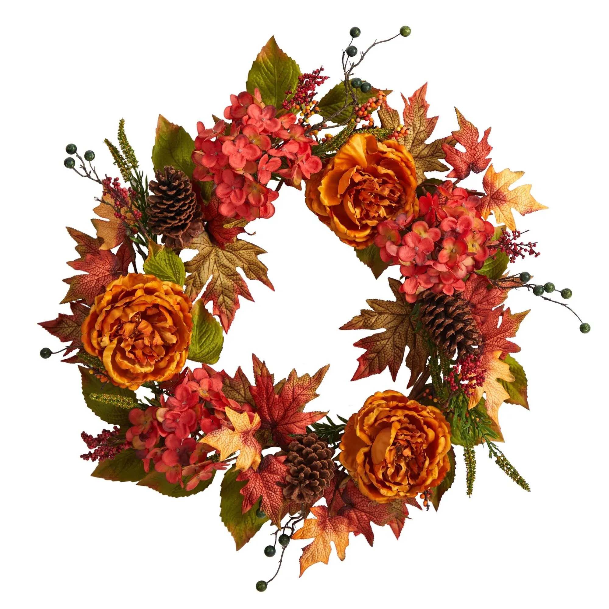 25in. Fall Ranunculus, Hydrangea and Berries Autumn Artificial Wreath - Nearly ...