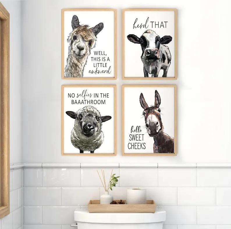 Set of 4 Custom Bathroom Art: Llama, Cow, Sheep & Donkey | Bathroom Wall Decor | Farmhouse Bathroom Decor | Funny Art | Bathroom Animal Sign
  Analyze listing