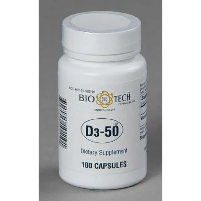 Bio-Tech Pharmacal D3-50 50,000 IU, 100 Capsules Ð All-Natural Supplement Ð Supports Bone, Heart Neuromuscular, & Immune Health Ð No Dairy, Fish, Gluten, Peanut, Shellfish, & Soy