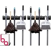 Berry Ave Broom Holder & Wall Mount Garden Tool Organizer- Kitchen, Closet, Garage & Laundry Room Storage w/ 5 Slots & 6 Hooks- Wall Holder For Broom, Rake & Mop Handles Up To 1.25” [Black, 2 Pack]