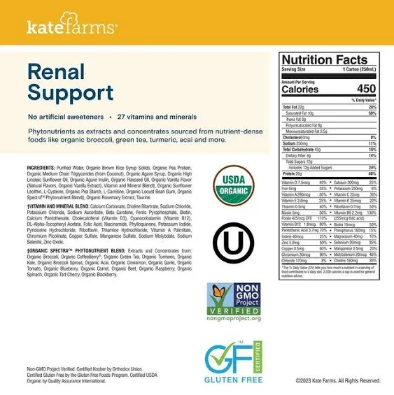 Kate Farms Organic 1.8 Renal Support Shake, Vanilla, 20g Of Protein, 27 Vitamins