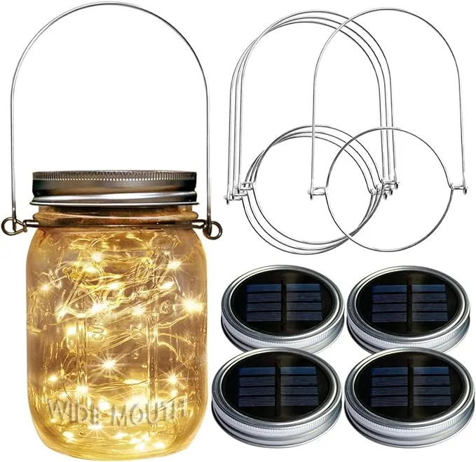 Homeleo 4 Pack Wide Mouth Mason Jar Solar LED Lights Insert Screw with Hangers ...