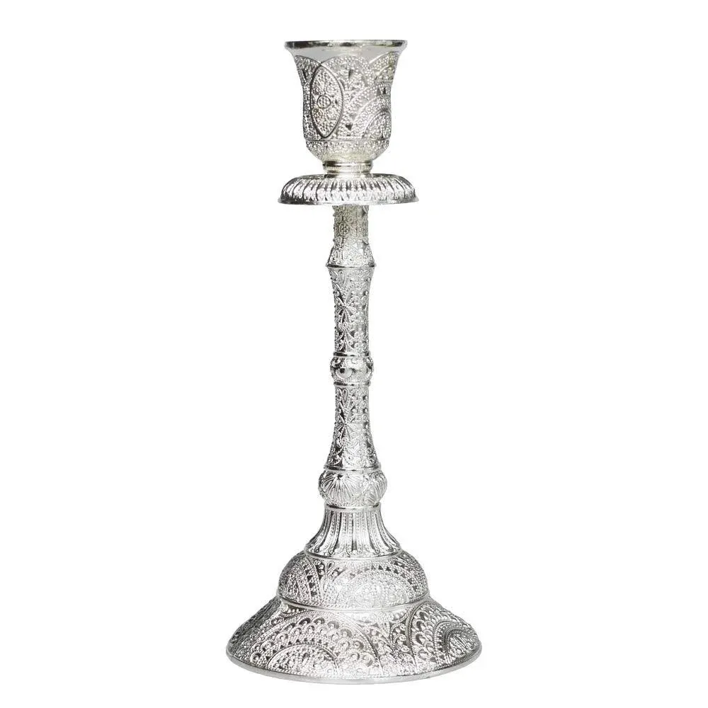 Silver Shabbat Candle Holder with Deluxe Engraved Design, Premium Silver Candlestick as Judaica Gift