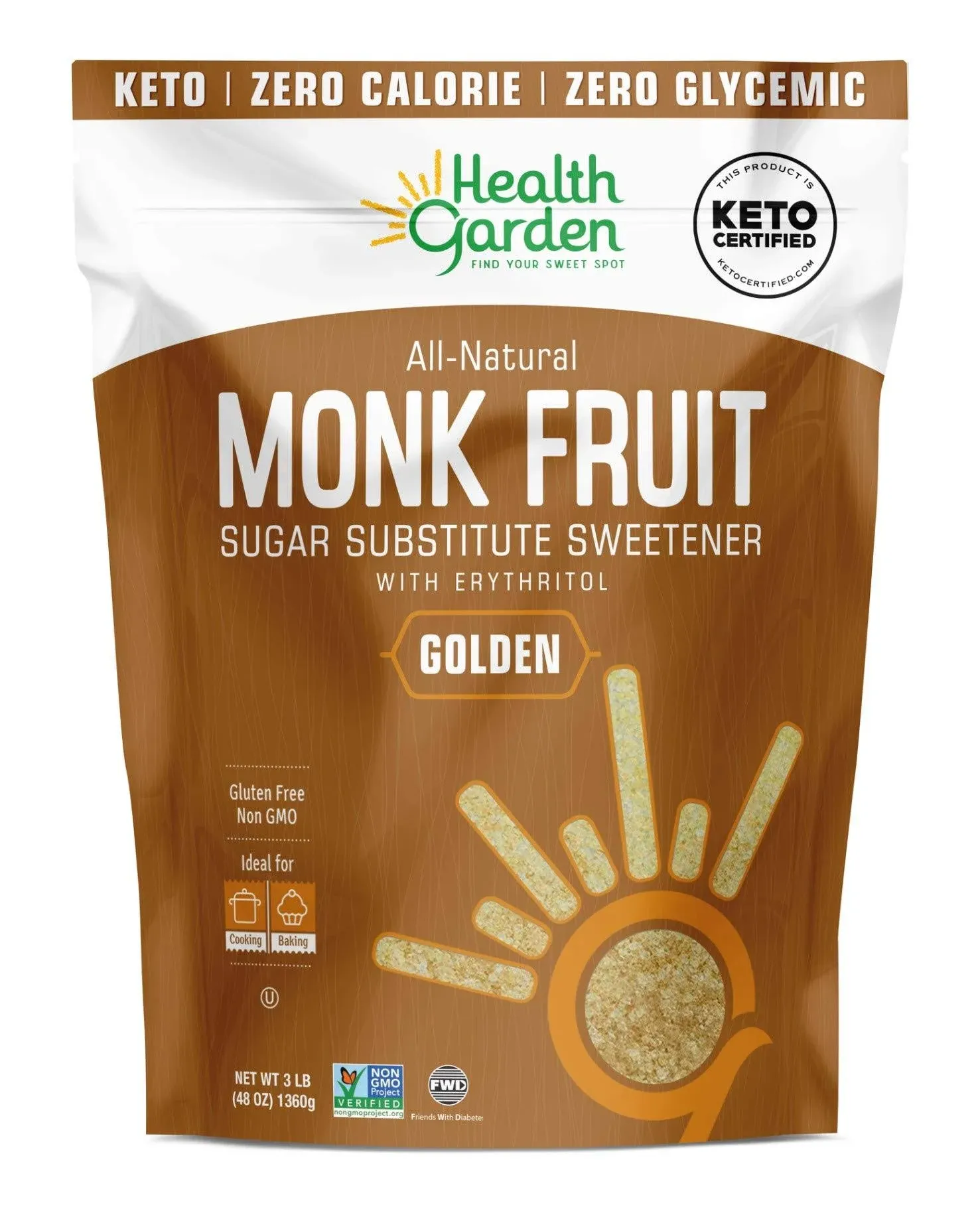 Health Garden Monk Fruit Sweetener, Golden - Non GMO - Gluten Free - Sugar Substitute - Kosher - Keto Friendly (1 lb)Health Garden Monk Fruit Sweetener, Golden - Non GMO - Gluten Free - Sugar Substitute - Kosher - Keto Friendly (1 lb)