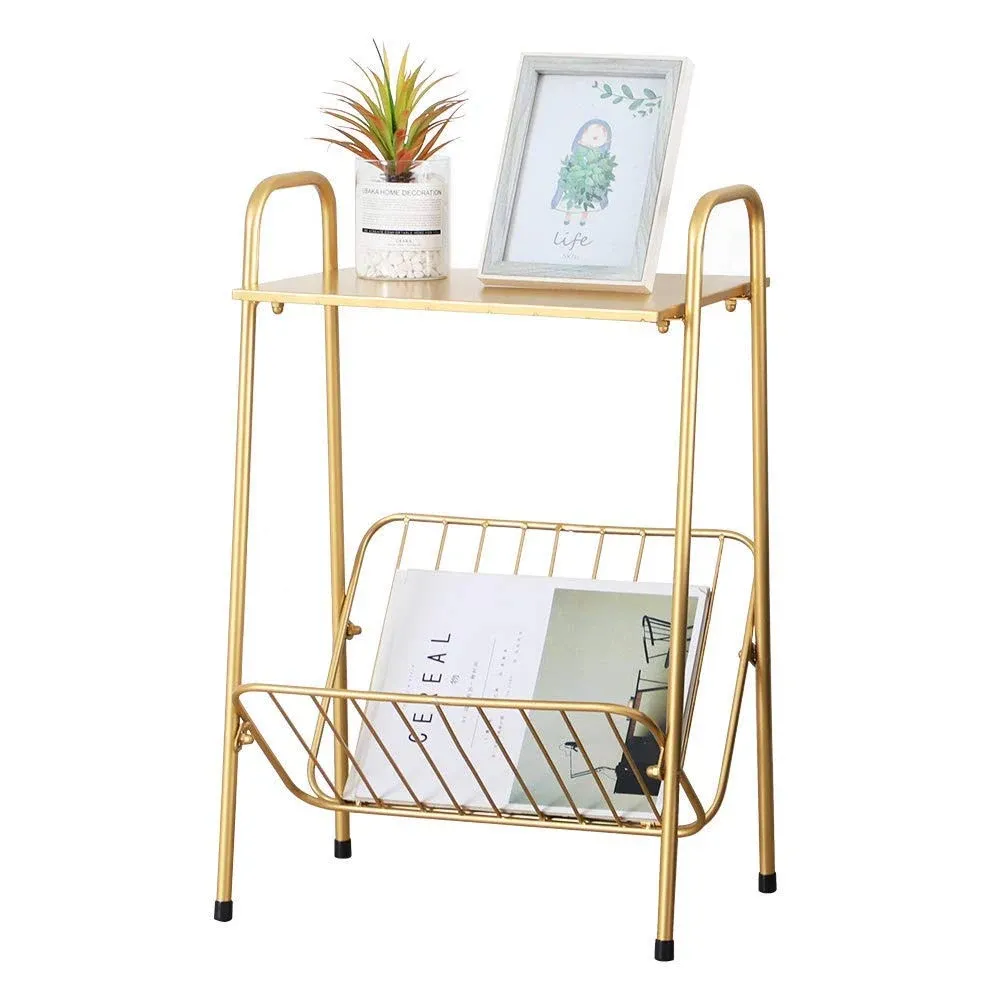 Gold Modern Rectangular Metal Side Table,Two-Stor<wbr/>y End-Table with Magazine Stora